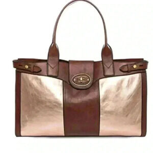 FOSSIL Vintage Reissue Brown Leather Shimmer Rose Gold XL Weekender Duffle Bag